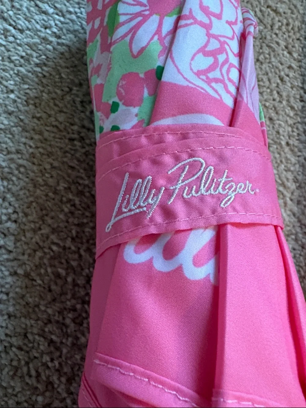 Lilly Pulitzer Pink Floral Women Umbrella with Faux Bamboo Handle - Picture 2 of 12